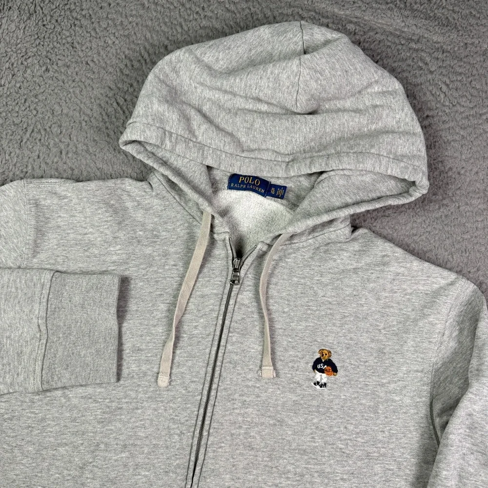 Polo Ralph Lauren Bear Hoodie Mens XL Gray USA Basketball Full Zip Drawstring